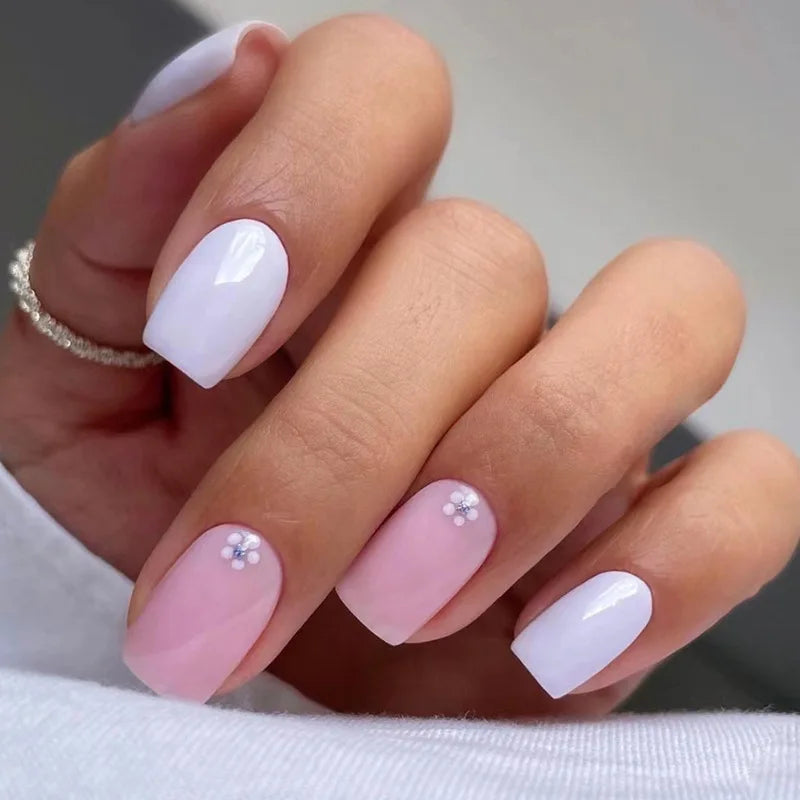 maoxiangshop 24Pcs Blue Flower False Nails Almond Cute Heart with French Design Detachable Fake Nails Artificial Press on Nails Tips Art