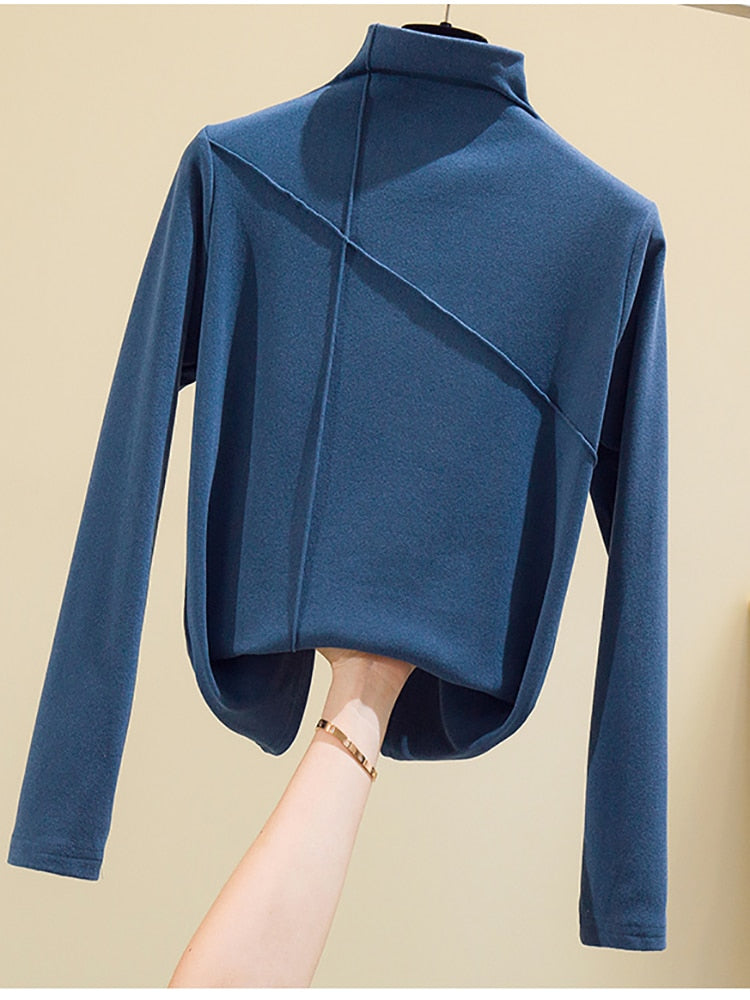 maoxiangshop Long Sleeve Thick T Shirt Women Winter Tops Turtleneck Warm T-Shirt Korean Cotton Tshirt Woman Tee Shirt Femme Pink Blue