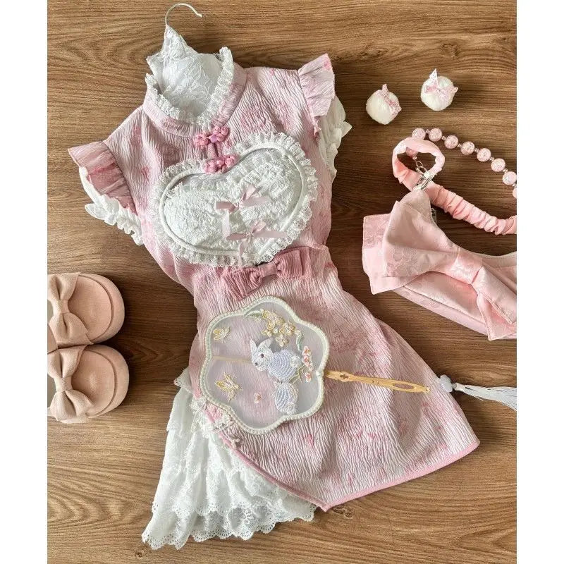 maoxiangshop - Sweet and Cute Girl Retro Chinese Style Printed Design Improved Cheongsam Dress Slim Mini Dress COS Apron Set Women Clothing