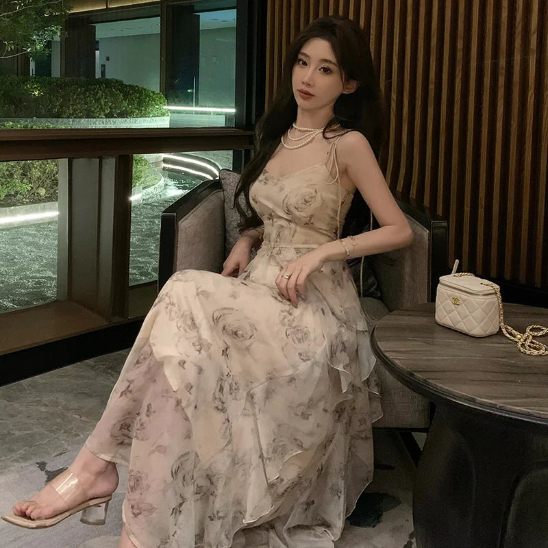 maoxiangshop Vintage Shivering Print Dress for Women Sling Sleeveless Slim Flounce Chiffon Casual Korean Long Dresses Female Clothing Summer