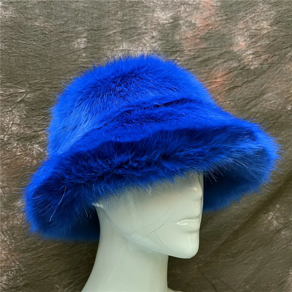 maoxiangshop - Luxury Ins Hot Y2k Girls Faux Fox Fur Bucket Hat Women Winter Warm Rabbit Fur Plush Fisherman Hat Cap Festival Party Ski Panama