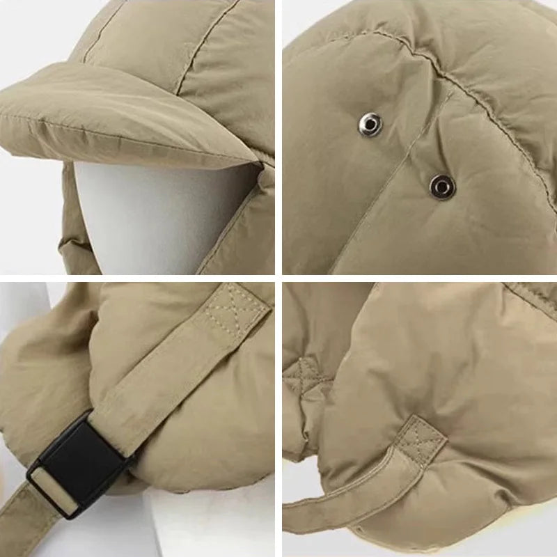 maoxiangshop - Down Cotton Bomber Hats for Women Winter Windproof Ear Protection Cap Warm Thick Motorcycle Lining Korean Solid Cycling Ski Hat