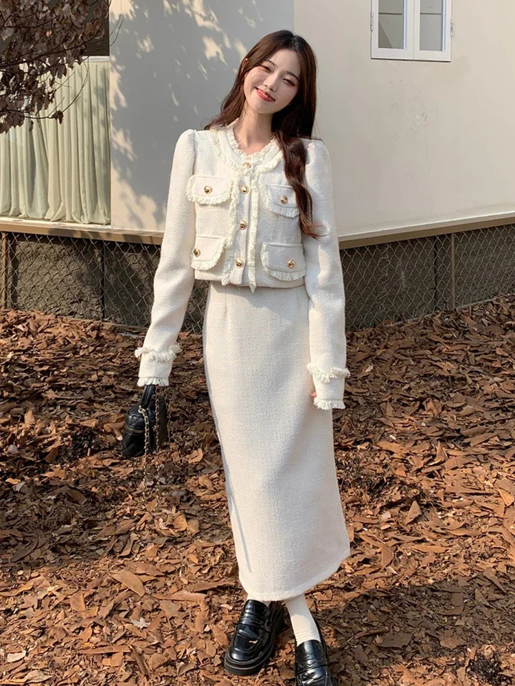 Spring Casual Tow Piece Sets Women White Short Tweed Jacket + Fashion Korean Long Skirt Female Elegant Chic Slim Sweet Suit