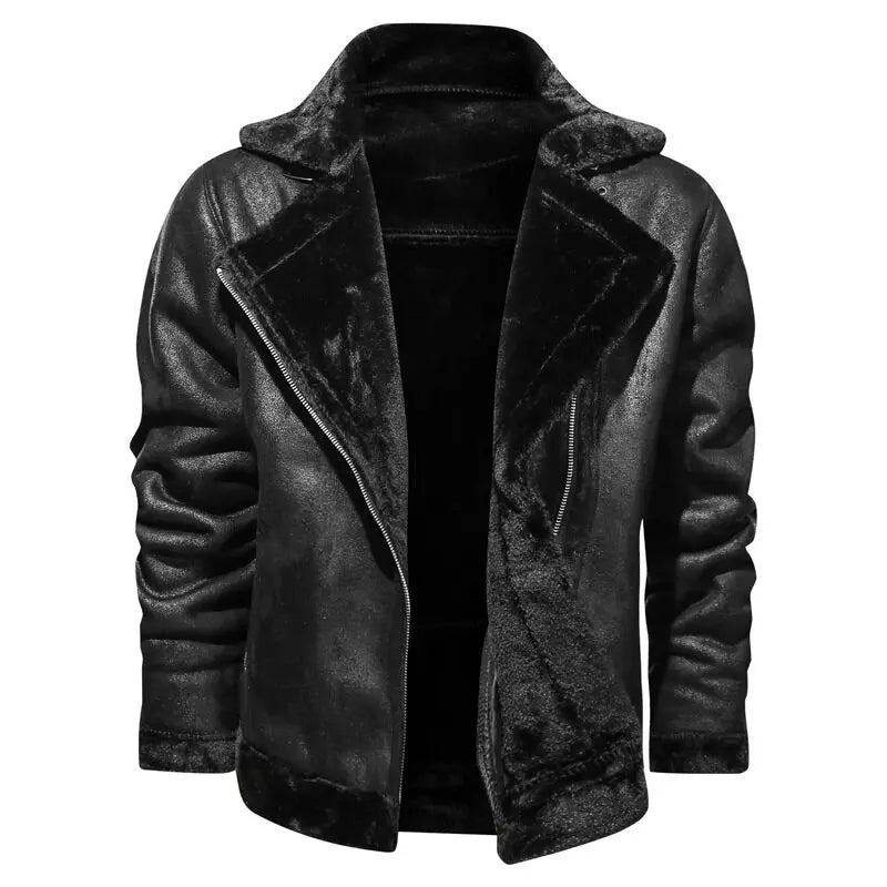 maoxiangshop Men's Autumn and Winter PU Leather Jacket New Oversized Plus Velvet Thick Leather Jacket Youth Fashion PU Leather Jacket Coat