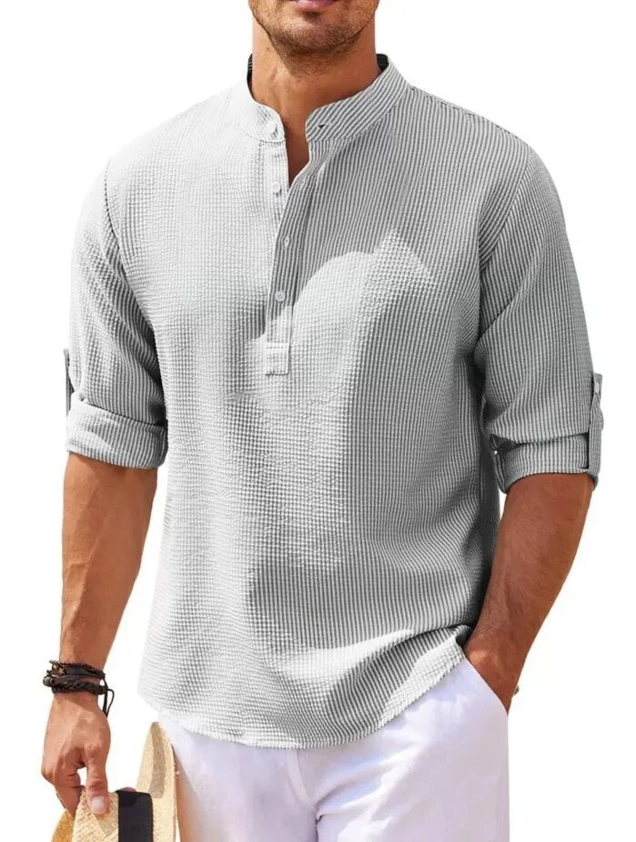 maoxiangshop Cotton Linen Hot Sale Men's Long-Sleeved Shirts Spring Autumn Solid Color Stand-Up Collar Casual Beach Style Plus Size S-5XL
