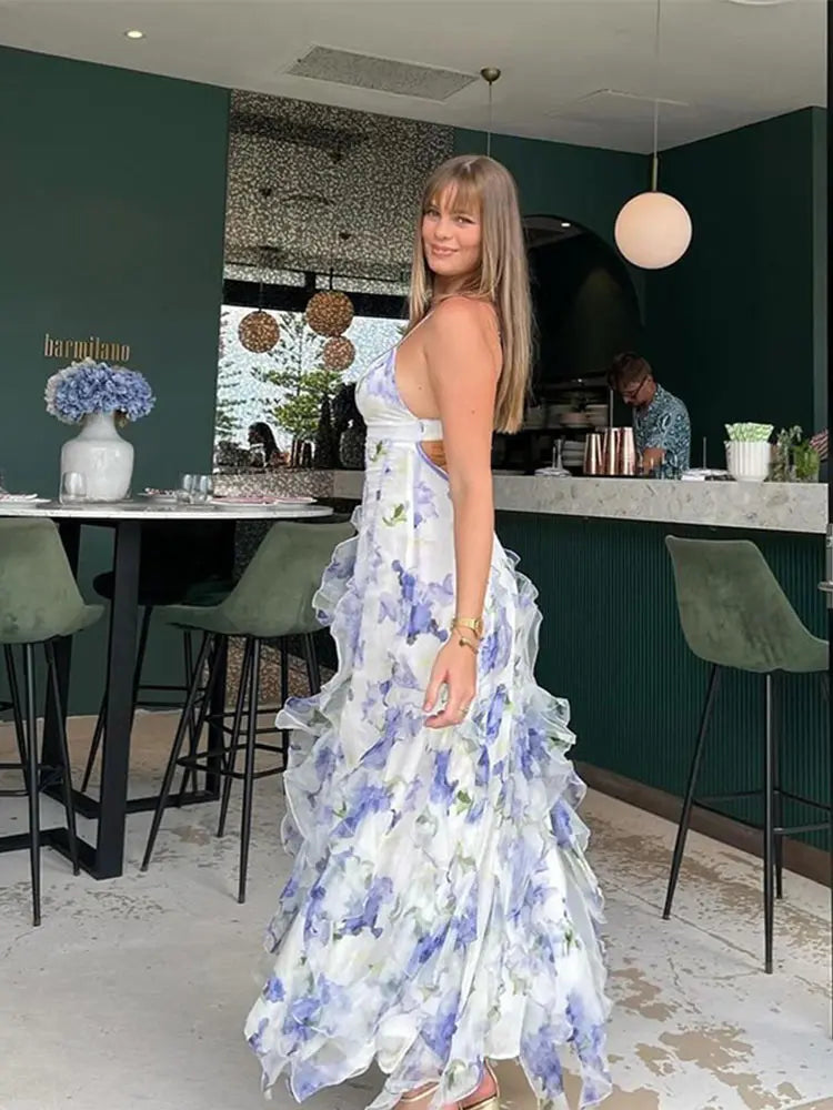 Women Elegant Flower Print Layered Ruffles Sling Dress Sexy Hollow Backless Sleeveless Split Long Dresses Chic Lady Party Robes