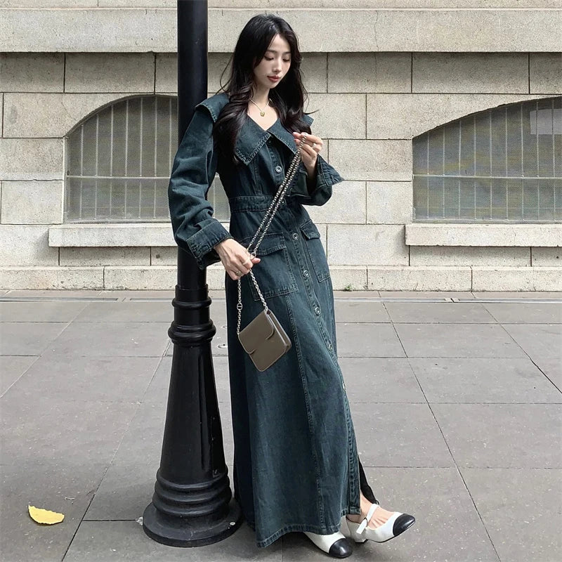 maoxiangshop - Retro Thick Denim Dress 2024 New Autumn Women's Doll Collar Single Breasted Long Sleeve Dress Fashion High Street Slimming Wear