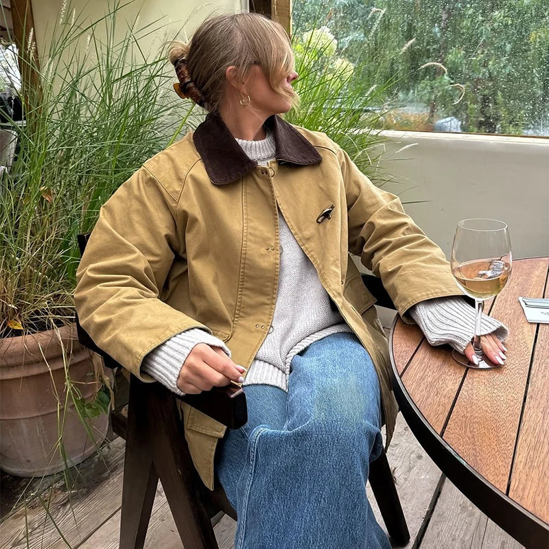 maoxiangshop - Retro Panelled Single-Breasted Jackets Women Casual Turn-down Collar Long Sleeved Jacket Female Autumn Fashionable Outwears Tops