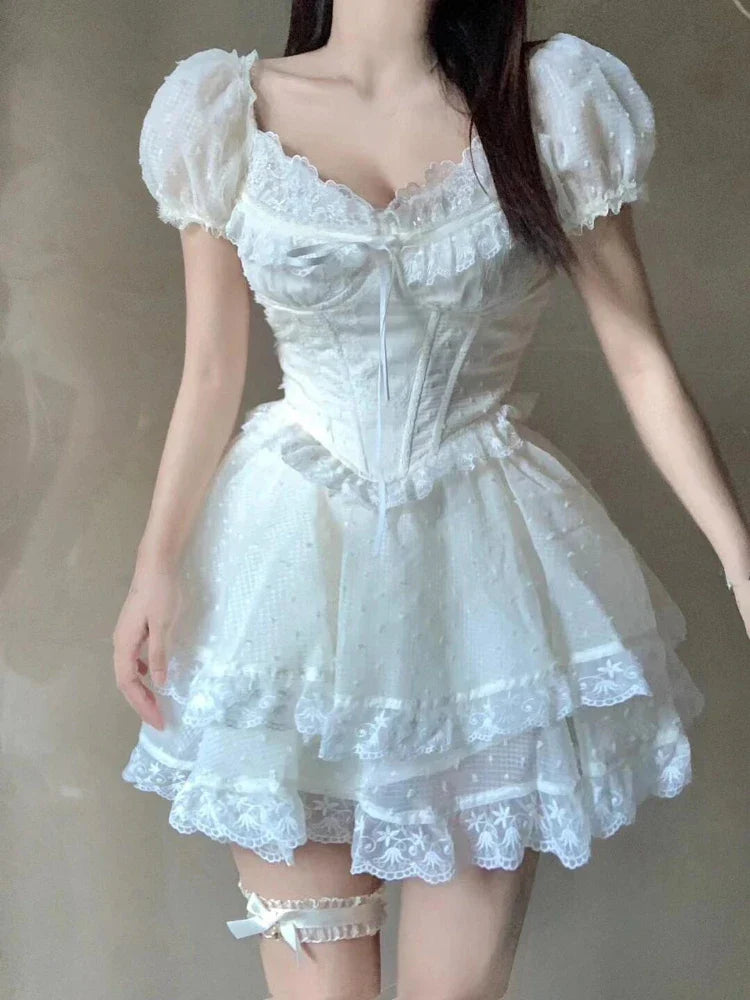 maoxiangshop - French Elegant Sweet 2 Piece Skirt Set Women Casual Y2k Crop Tops + Cute Lace Mini Skirt Japanes Kawaii Skirt Suits 2024 Summer