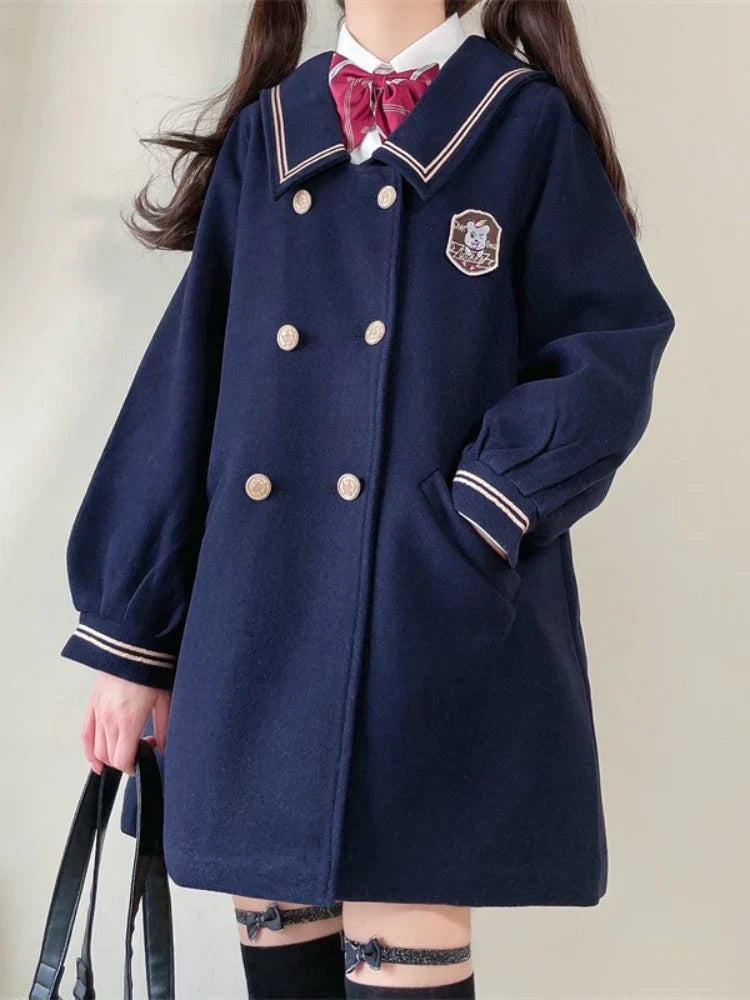 Solid Warm JK Style Girls Wool Blends Long Coats Jacket Winter Metal Single-breasted Sleeve Casual Warmness Outwears