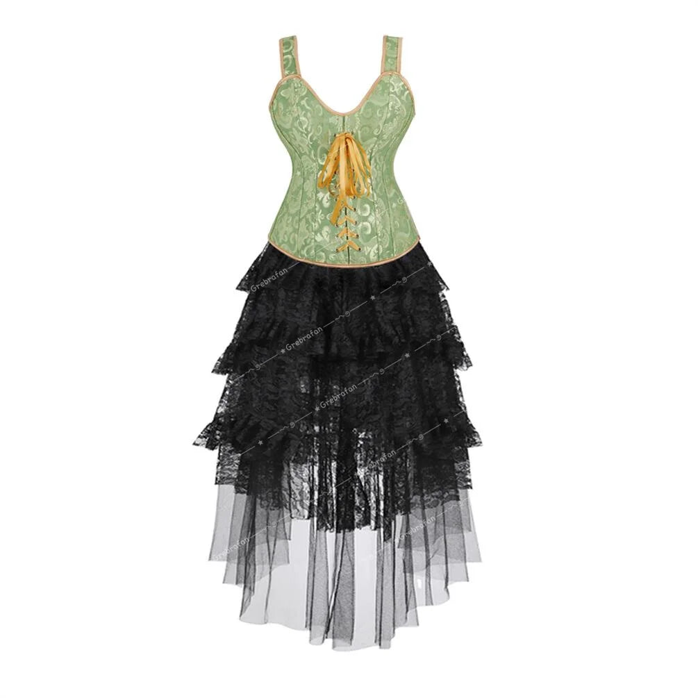 maoxiangshop - Steampunk Corset Skirt Bridal Lace Strap Bustiers with Gothic Tulle Dress Rave Outfits Evening Party Costumes Plus Size