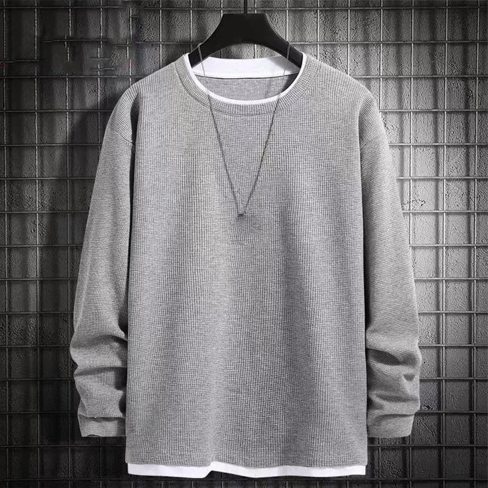 maoxiangshop Autumn Men's Round Neck T-Shirts Fashion Fake-two Pieces Street Long Sleeve T-shirt Sports Athletic Pullover Blouse Tops For Man