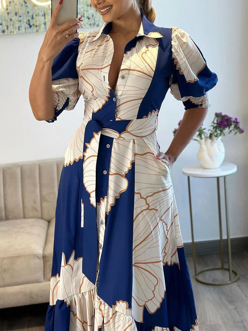 maoxiangshop Women Floral Print Long Dress Summer Casual Turn-down Collar Half Sleeve Loose Big Swing Dress Female Vintage Beach Maxi Dress