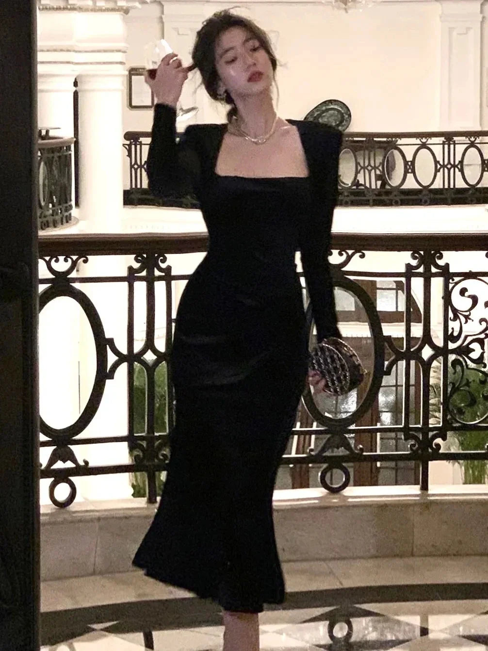 Spring New Women Elegant Long Black Velvet Dress Sexy Prom Evening Party Birthday Club Fashion One Piece Clothing