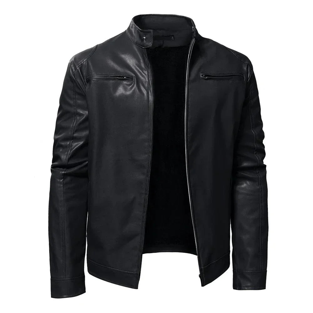 maoxiangshop Autumn Mens Stand Collar Jacket Coat Black Leather Motorcycle Jacket Solid Color Zipper Streetwear Winter Warm Biker Jacket Men