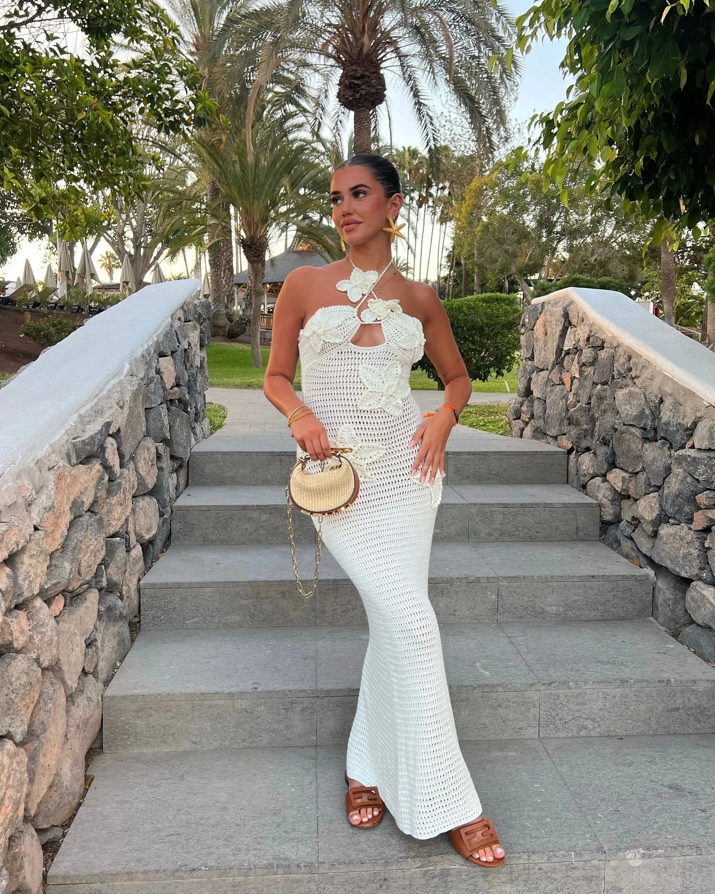 Sexy 3D Flower Knitted Dress Women Hollow Out Halter Sleeveless Beach Long Dresses Female Summer Vacation Ladies Vestidos