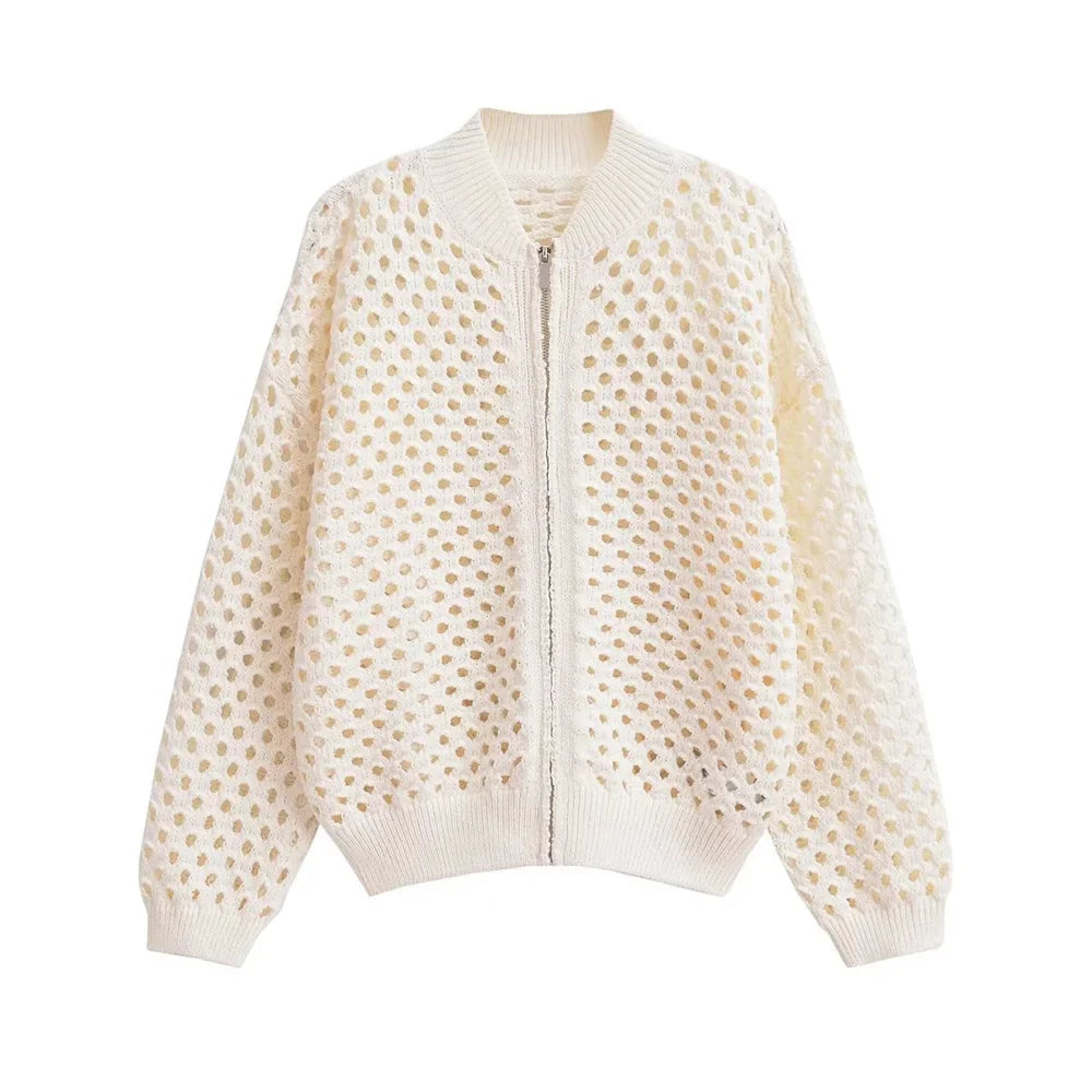 maoxiangshop - Women Knit Hollow Out Pilot Jacket Autumn Casual Long Sleeve Beige Zipper Bomber Jacket Coat Lady Design Streetwear