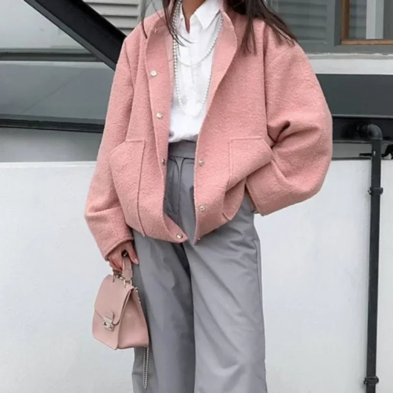maoxiangshop - Woman's Oversized Bomber Jacket Autumn Round Neck Long Sleeve Pocket Hidden Button Loose Jackets Coat Female Outerwear