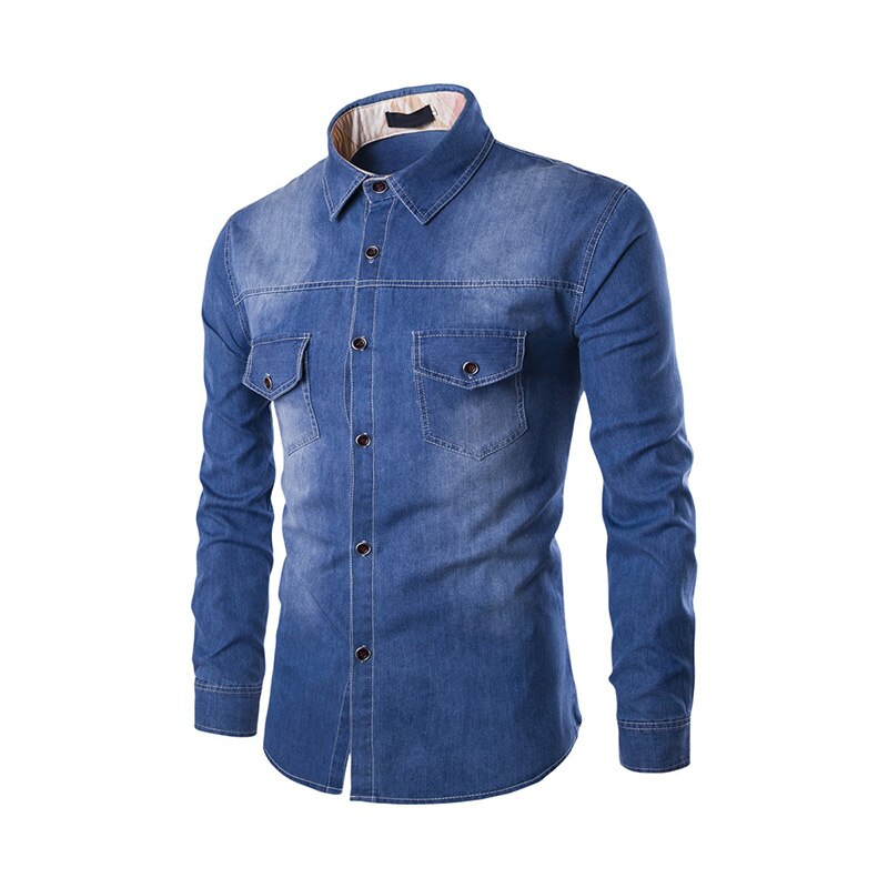 maoxiangshop Fashion Mens Denim Shirt Long Sleeve Plus Size Cotton Jeans Cardigan Casual Slim Fit Shirts Men Two-pocket Tops Clothing M-6XL