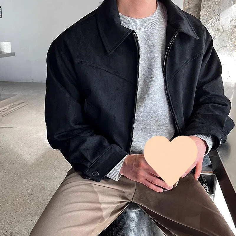 maoxiangshop Vintage Jacket Man Casual Loose Zipper Fashion Retro Short Coat Men Spring High Quality Solid Turndown Collar Street Outwears