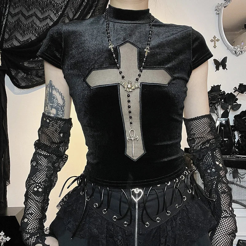 maoxiangshop-Goth Dark Cross Sheer Mall Gothic Women T-shirts Grunge Aesthetic Punk Sexy Emo Black Top Streetwear Fashion Alternative Clothes