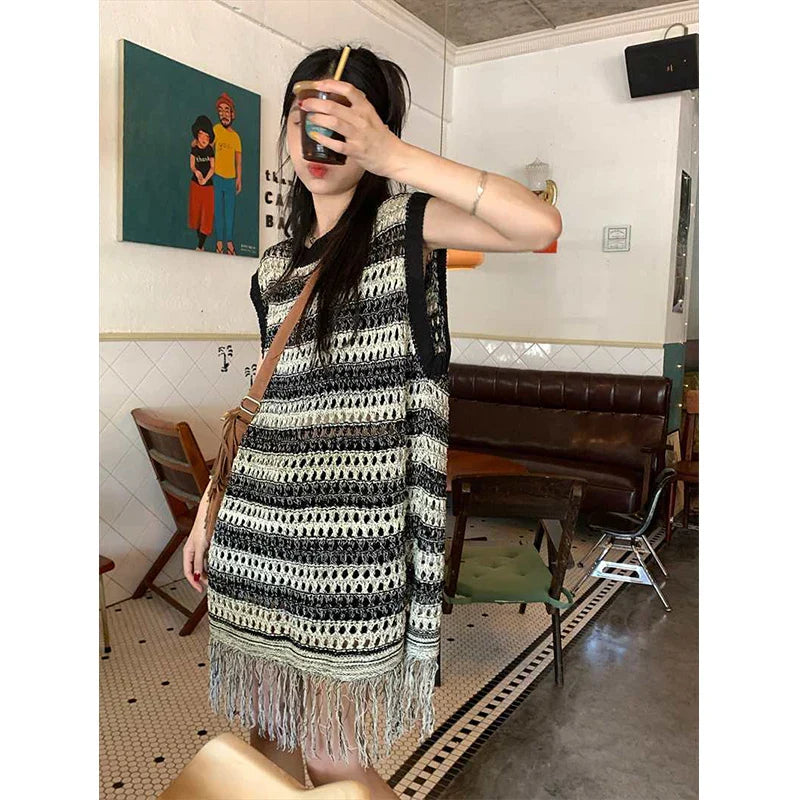 Sleeveless Knitted Vest Women Striped Hollow Out Tassel Sweaters Vintage Harajuku Casual Outwear Korean Loose Jumpers Coat