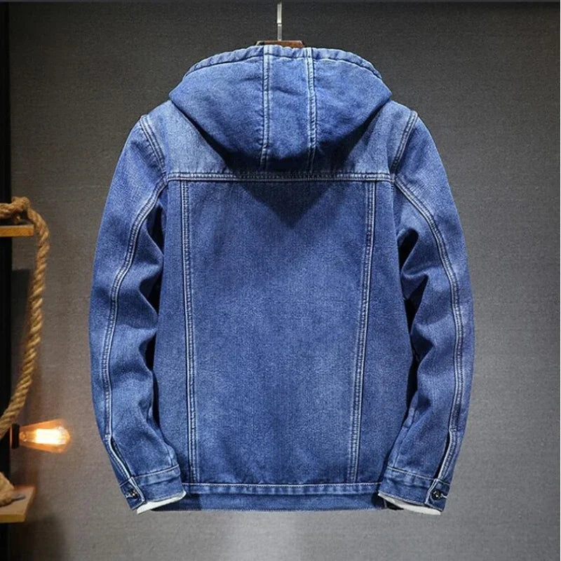 maoxiangshop New Thicker And Warmer Men's Hooded Denim Jacket Winter Lambswool Hooded And Padded Denim Jacket Size