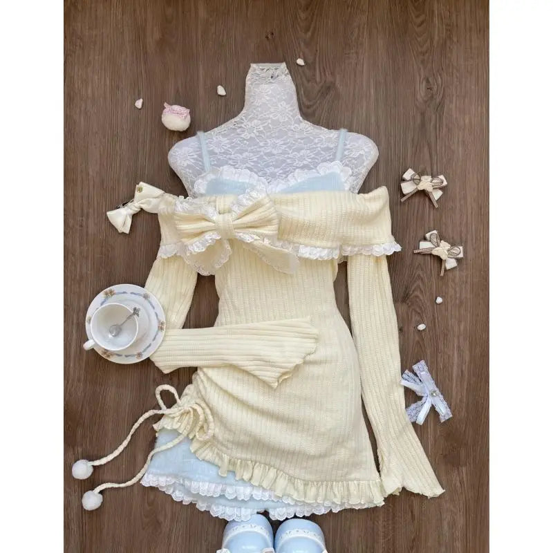 maoxiangshop - Autumn Sexy Hot Girl Off Shoulder Long Sleeve Lace Bow Strap Fake Two Piece Knitted Dress Slimming Wrap Hip Mini Dress for Women