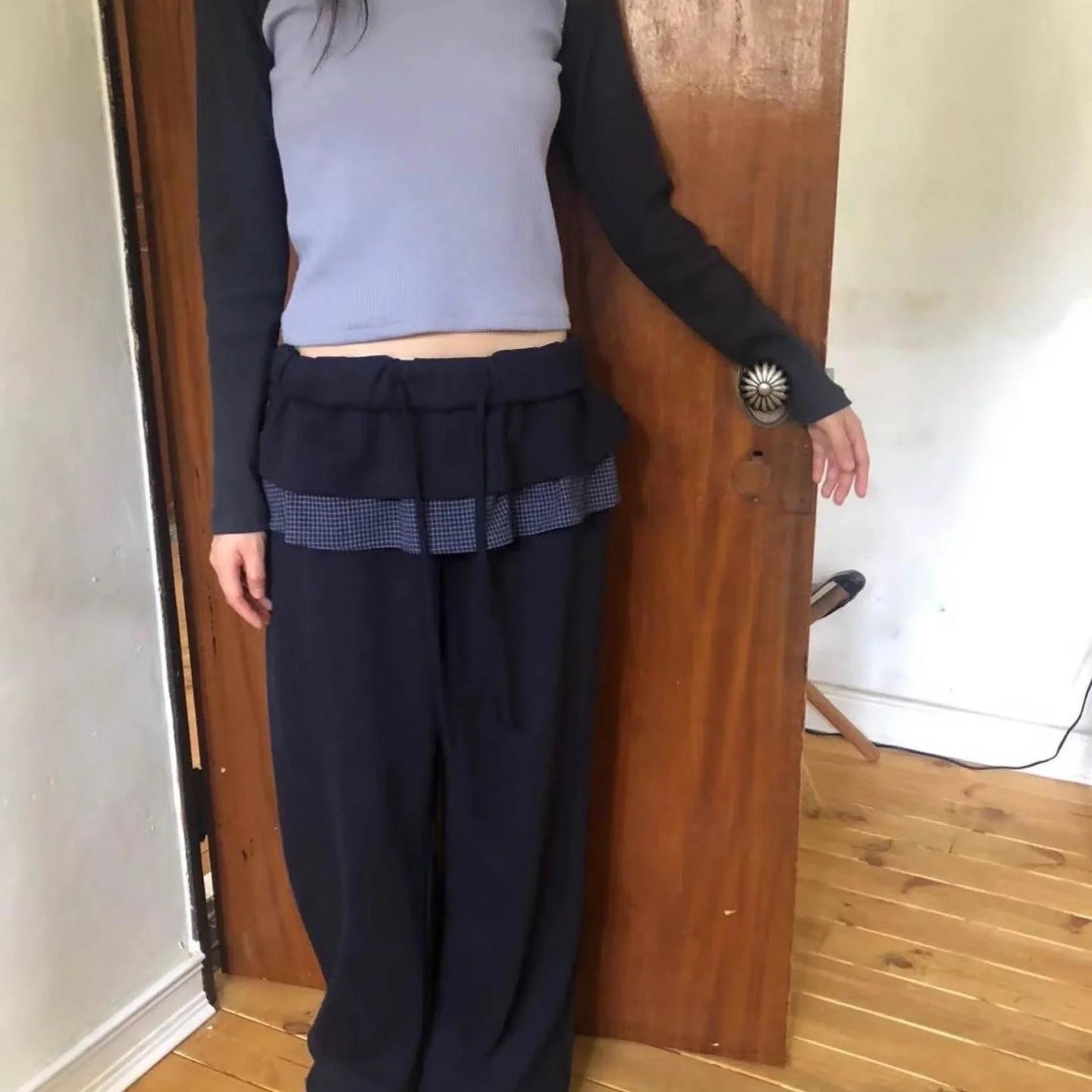 maoxiangshop - 2024 Y2k Vintage Skirt Pants Women Autumn Winter New Cute Retro Plaid Japanese Patchwork Lace Fake Two-piece Casual Skirt Pants
