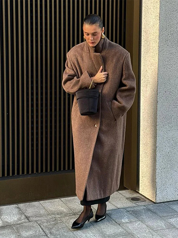 maoxiangshop - Brown Woolen Women Coats With Scarf Loose Full Sleeve Double Breasted Long Overcoat 2024 Autumn Lady High Street Outwear