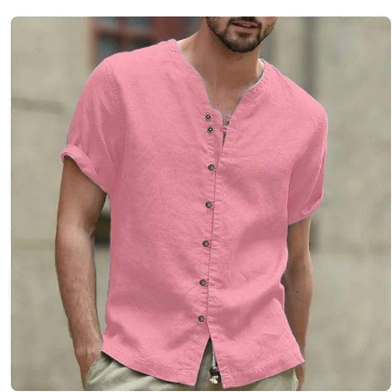 maoxiangshop Cotton hemp hot sell men's short sleeve shirt summer solid color stand collar casual beach style shirt
