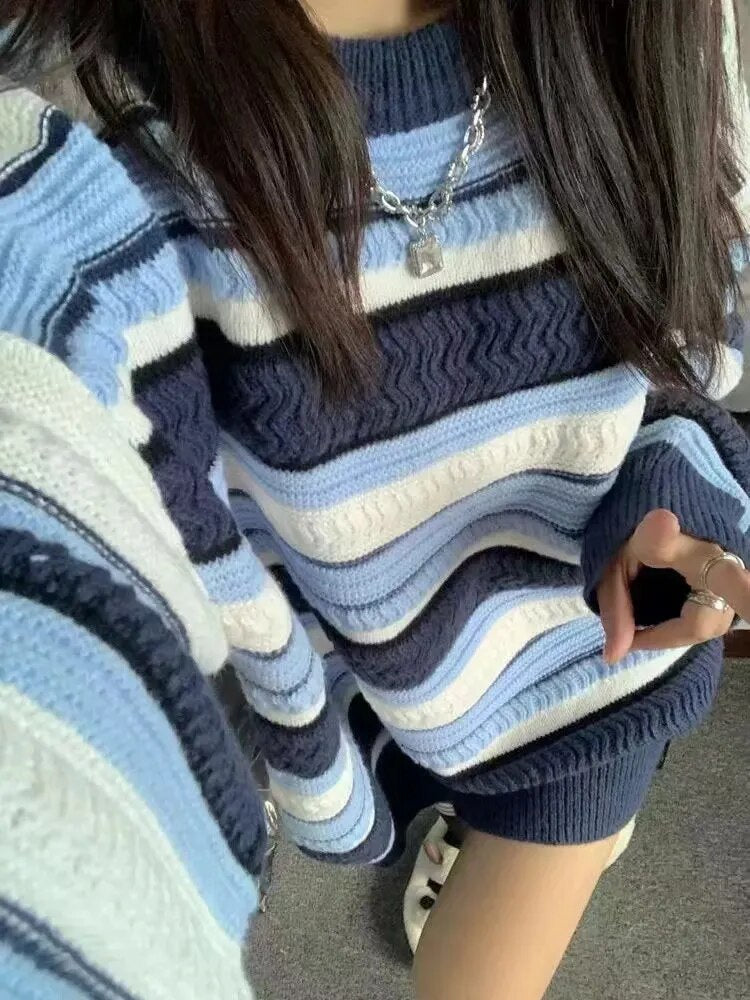 maoxiangshop Contrast Striped Pullover Women's Oversized Chunky Long Sleeve Crew Neck Sweater Knit Jumper Autumn Winter Grunge Fashion