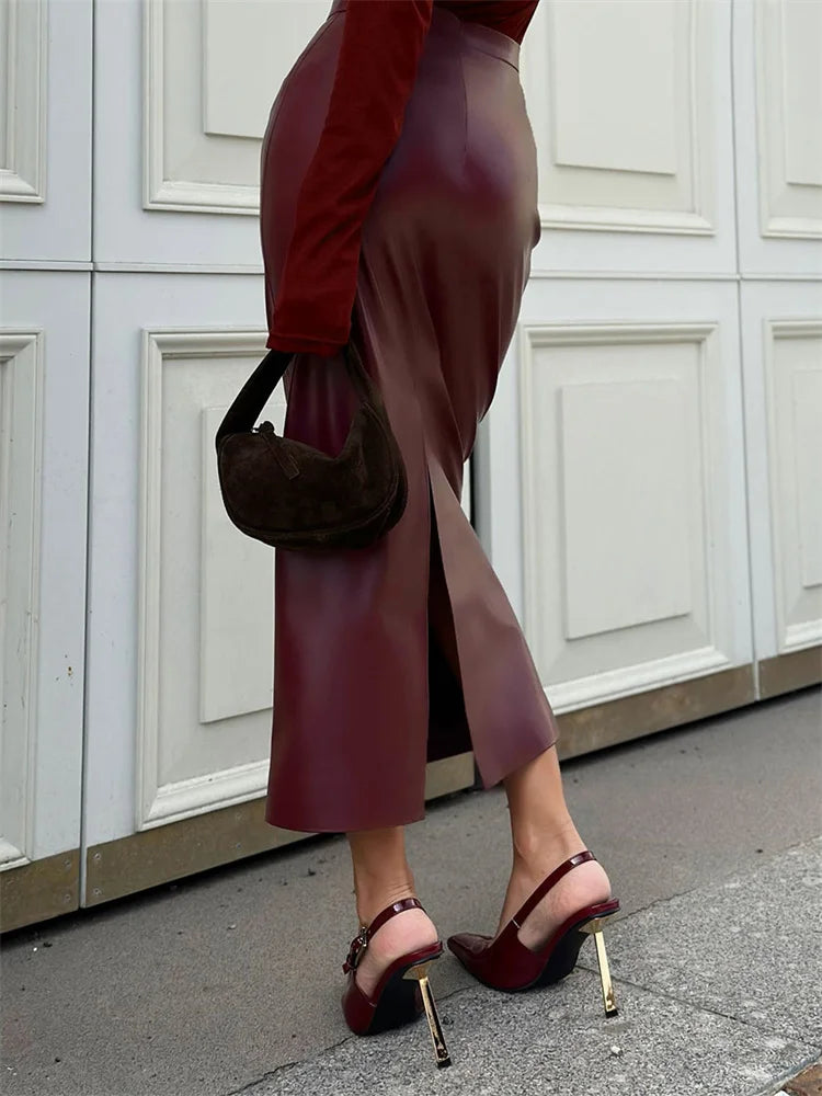 maoxiangshop - PU Fashion High Waist Female Long Skirt Casual Solid High Waist Vintage Streetwear Y2k Maxi Skirt Commute Clothes Autumn