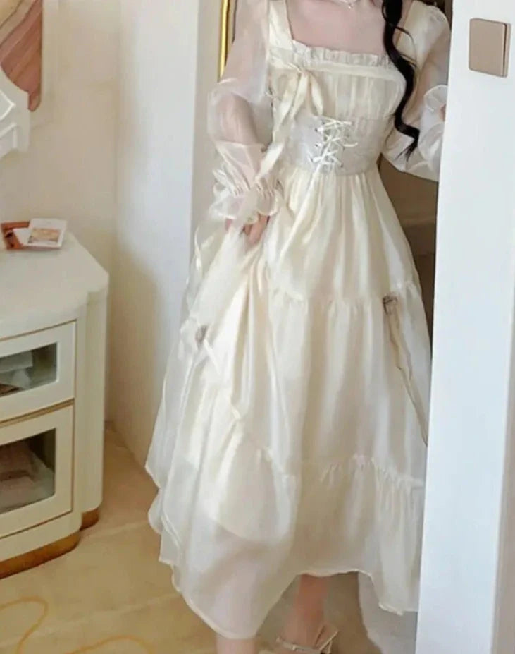 maoxiangshop French Elegant Solid Fairy Dress for Women Korean Sweet Long Sleeve Birthday Party Clothes Spring Summer Casual A-line Vestidos