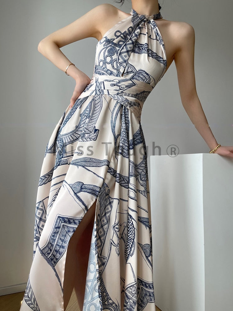 maoxiangshop Print France Vintage Elegant Dress Women Sleeveless Halter Sexy Korean Retro Dresses Designed Evening Party Long Dress New