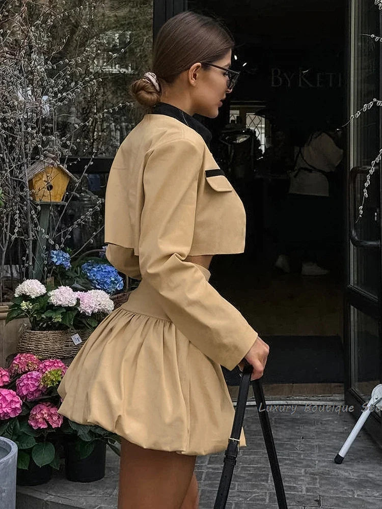 maoxiangshop - Khaki Women Street Fashion Suit Patchwork Crop Tops Shirts + Bud Skirts Two Pieces Sets Autumn 2024 Sexy Mini Skirts Outfit