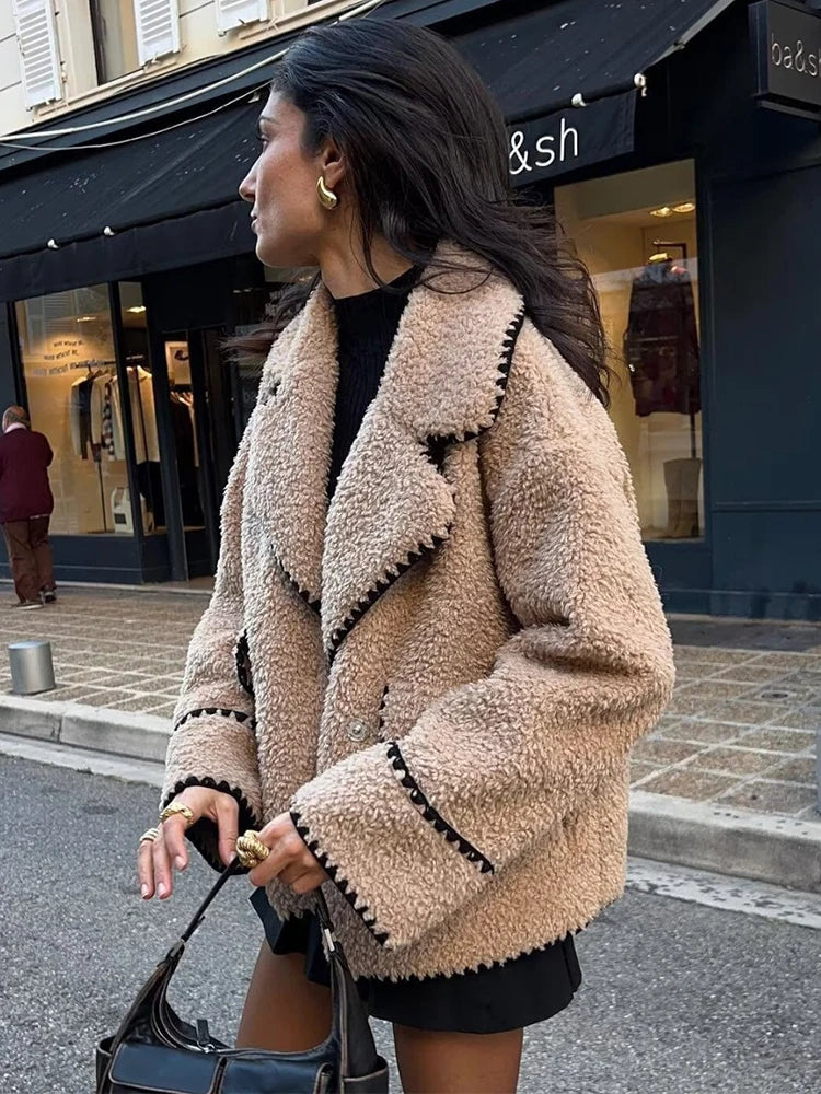 maoxiangshop - Lapel Loose Jackets Women 2024 Autumn Winter Street Long Sleeve Faux Lambswool Jacket Fashion Elegant Casual Coats Femme