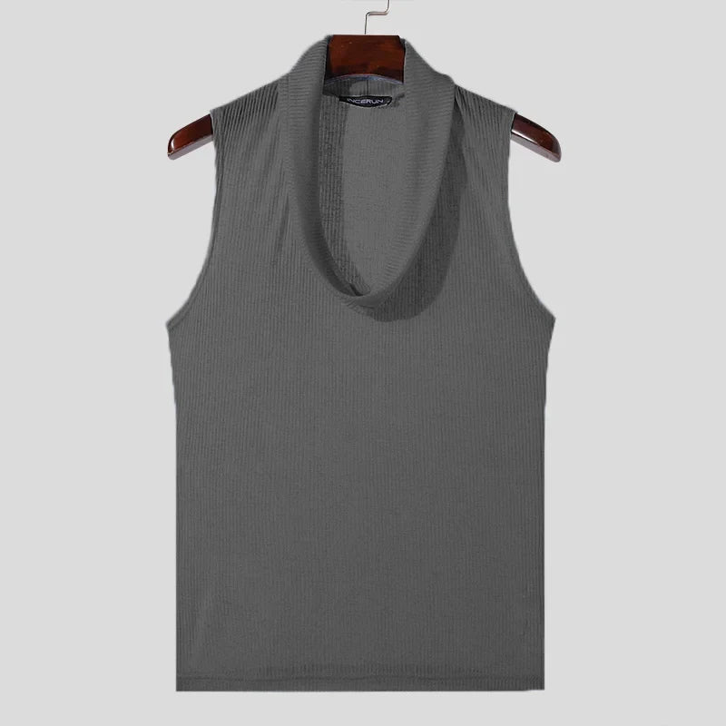 maoxiangshop Tops 2024 Korean Style Men's Pile Up Collar Knitted Solid Color Vests Casual Streetwear Thin Sleeveless Tank Tops S-5XL
