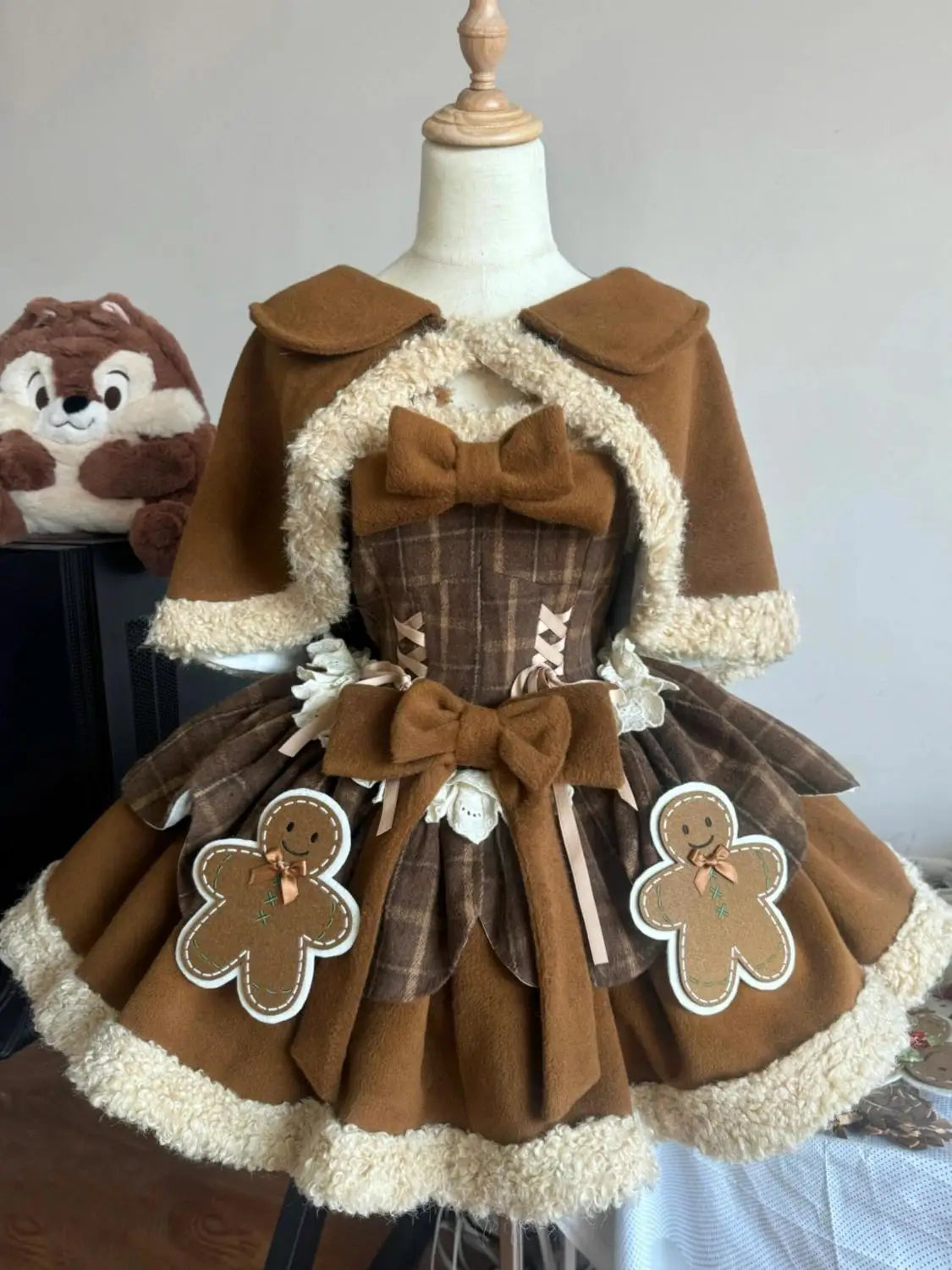 maoxiangshop - New Sweet Cute Lolita Dress Set for Women Autumn/Winter Spliced Plaid Strap Mini Dress Cloak Coat Two Piece Set Women Outfits