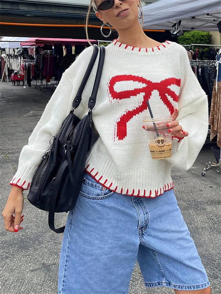 maoxiangshop - Bow Jacquard Loose Sweater Women's Autumn/Winter Casual Color Contrasting Knitted Knitted Pullovers Fashion Streetwear