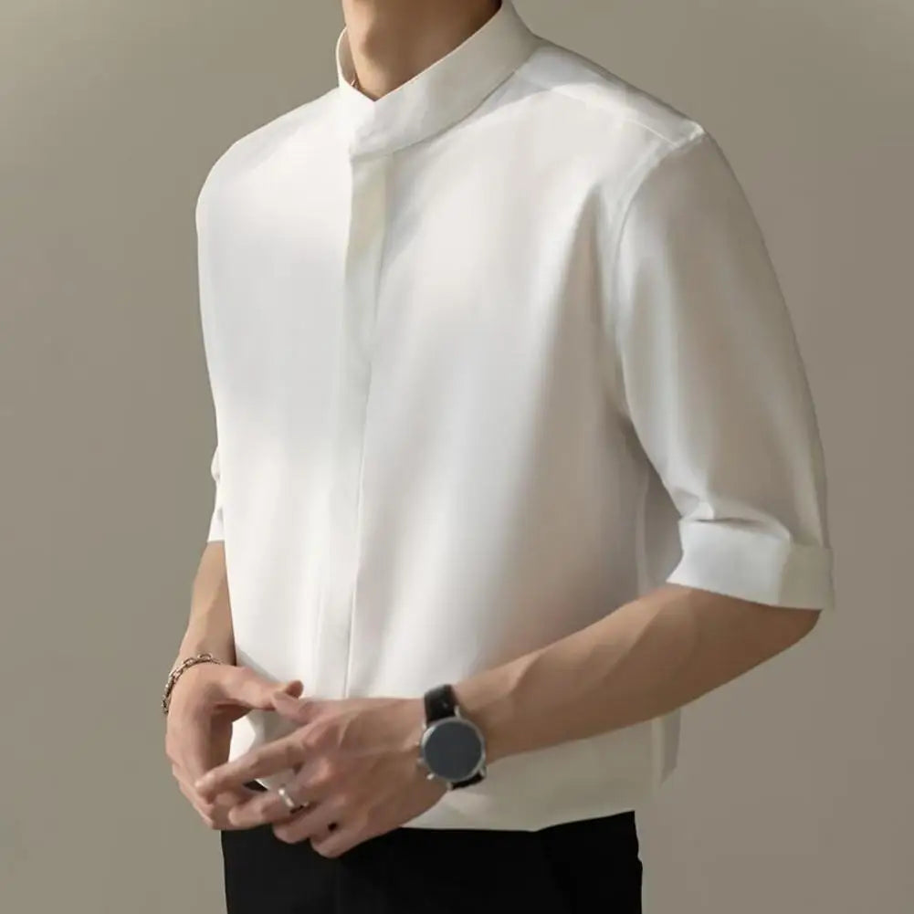 maoxiangshop Slim Fit Stand Collar Shirt Men Solid Color Shirt Stylish Stand Collar Men's Shirt for Business Commute Office Slim Fit Half