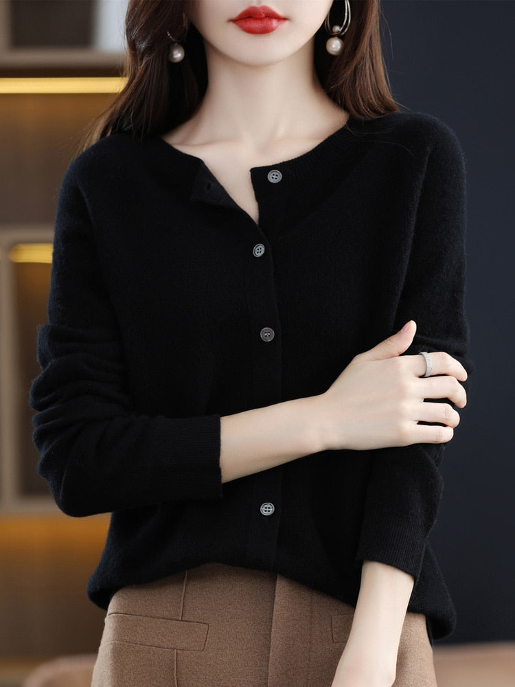 maoxiangshop Aliselect Long Sleeve Women Knitwear Cashmere Knit 100% Pure Merino Wool Spring Autume O-Neck Top Cardigan Sweater Clthing Coat
