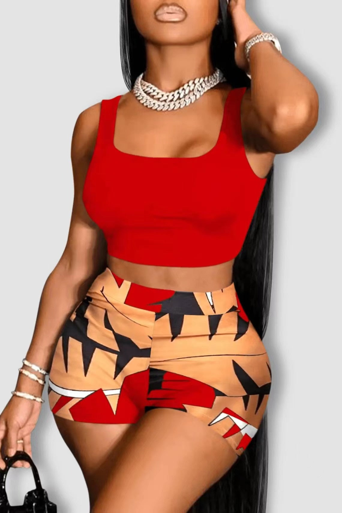 maoxiangshop Summer Women Slim Square Collar Vest Top And Digital Print Shorts Two 2 Pieces Set Beach Resort Wind Casual Outfits