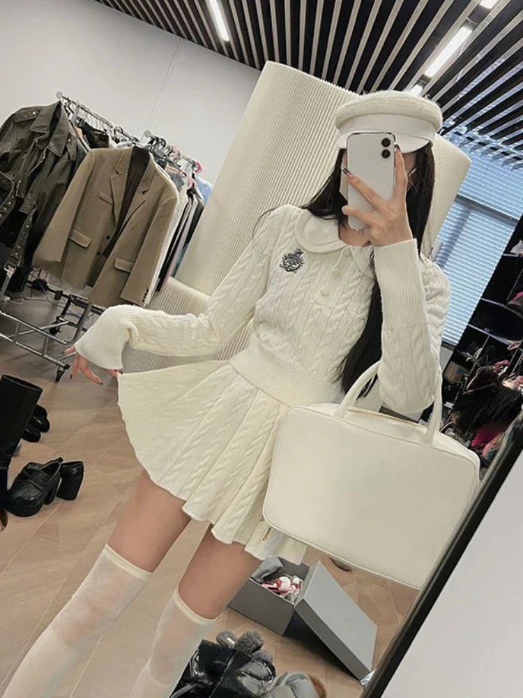 maoxiangshop2 Autumn Preppy Style Knitted Clothing Suit Woman Slim Kawaii Swearter Tops Casual Y2k Mini Skirt Woman Fashion 2 Piece Set