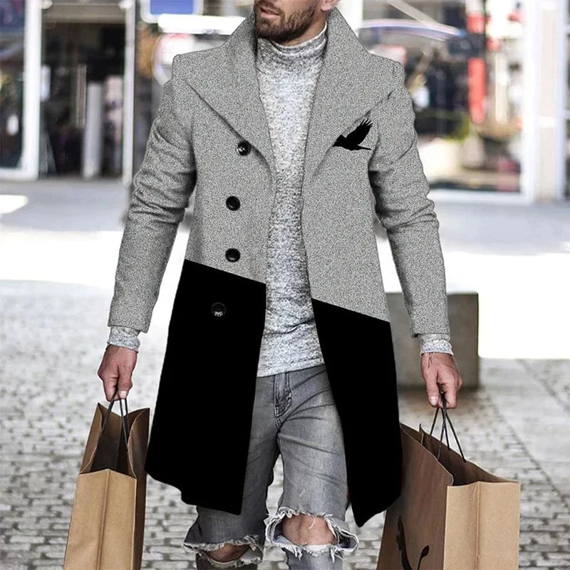 maoxiangshop Men's Coat Long Sleeve Fall Color Block Black White Man Trench Oversize Outwear Fashion Casual Office Jacket Plus Size