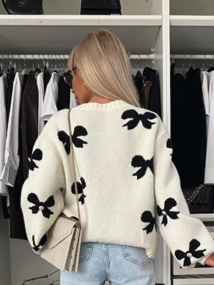 maoxiangshop - Women Faux Fur Half Sleeve Cardigans Coats Fashion O-neck 3D Flower Buttons Long Sleeves Sweater 2024 Autumn Soft Brown Tops