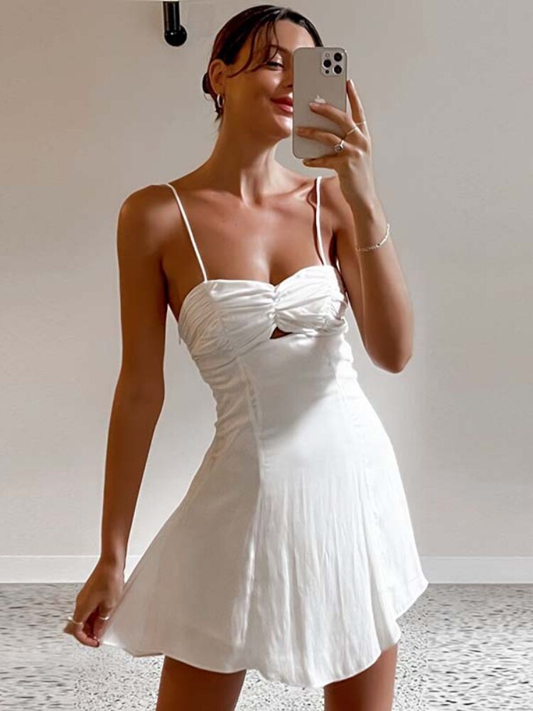 Spring and Summer New Dress Women's Temperament Sexy Solid Color Hollow Wrinkle Suspender Type Slim Dress Women Dress