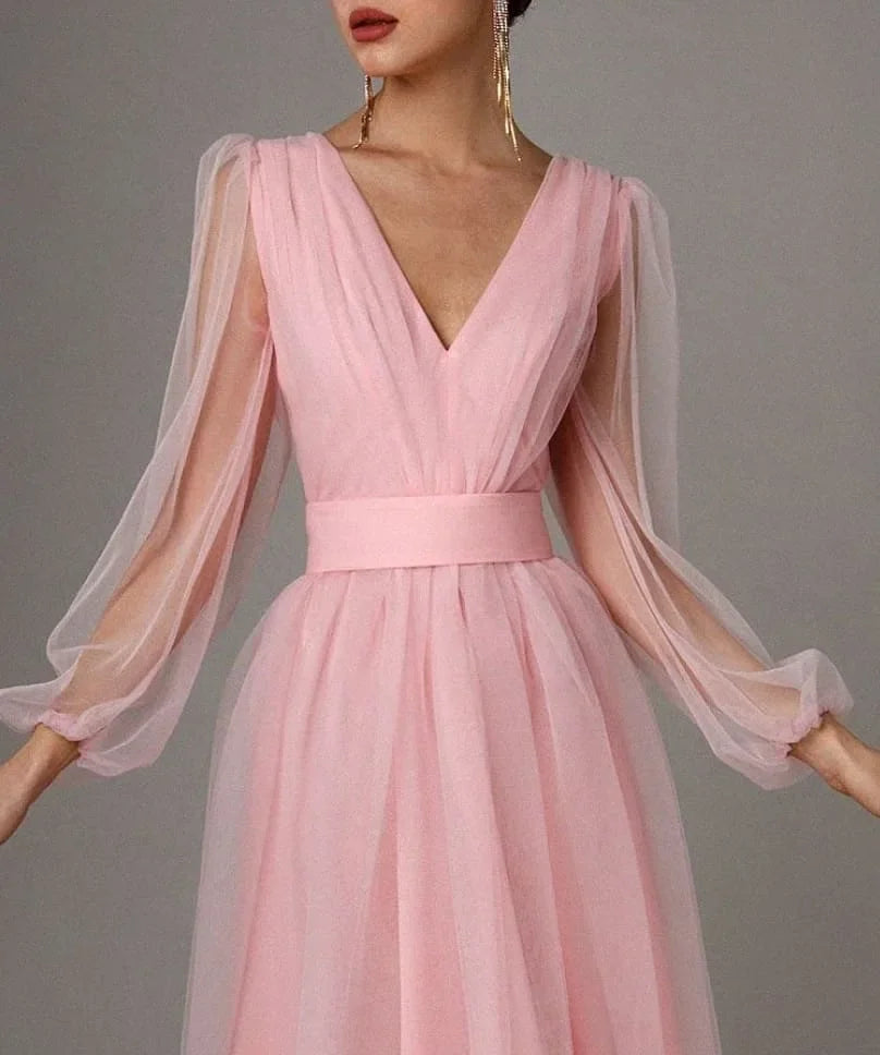 maoxiangshop 2024 Women's Summer Mesh Lantern Sleeve V-neck Layer Dresses Elegant Party Formal Dress Vestido Plus Size 3XS-10XL 9XL 8XL 7XL