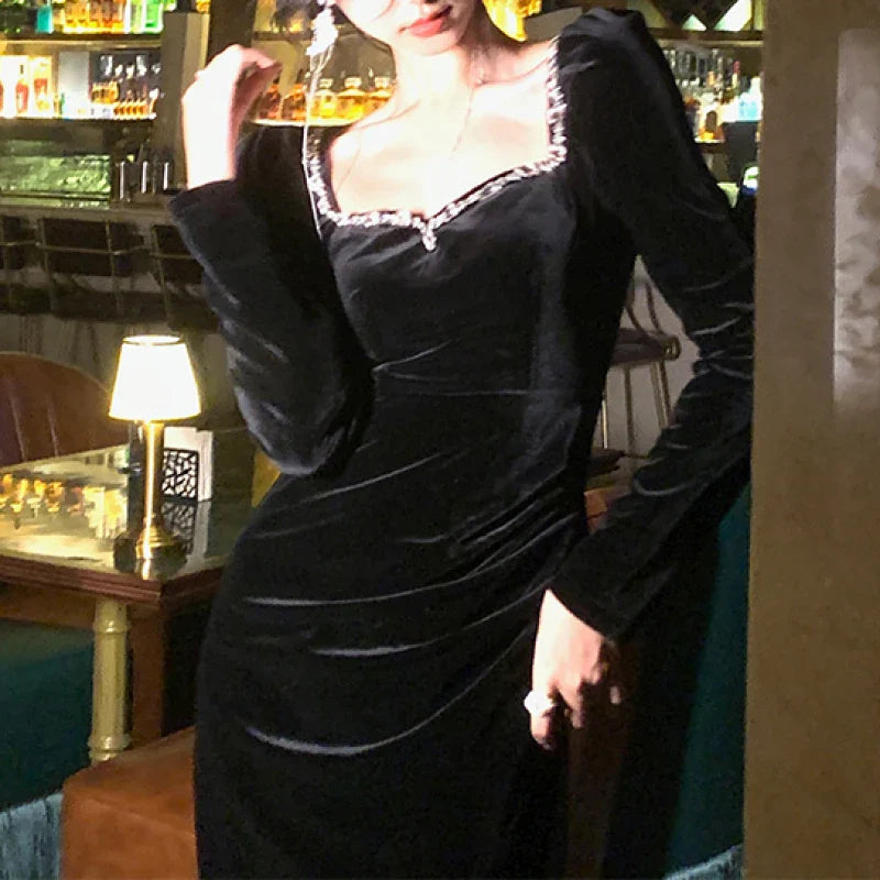 maoxiangshop - Spring Korea Fashion Evening Party Dress Woman Casual Black Velvet Midi Dress Slim Long Sleeve Vintage Dress Elegant Female