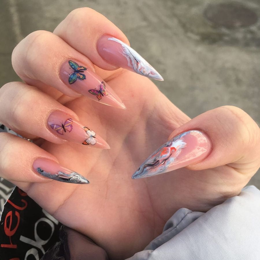 24Pcs False Nails With Glue Almond Pink Butterfly Design Detachable Rhinestones Acrylic Fake Nails long stiletto Press On Nails